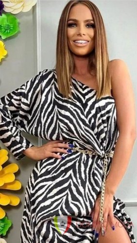 One shoulder long satin dress with zebra pattern - Velikost: 42