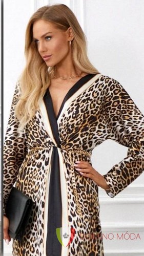 Dlouhé saténové šaty s leopardím vzorem - Velikost: 42