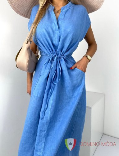 linen dress with tie at the waist - Barva: Black, Velikost: UNI