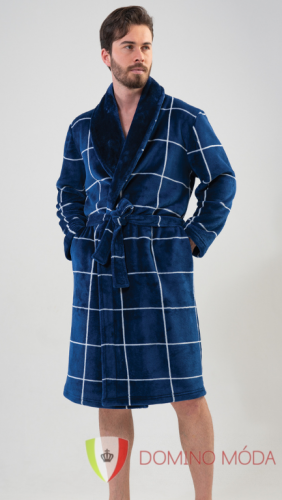 Men's bathrobe - dark blue/checkered - Velikost: M