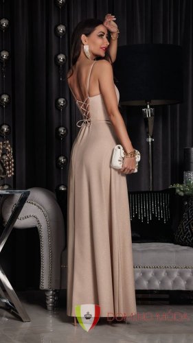 Long party dress with glitter and lace up - 2 colors - Barva: Beige, Velikost: 42
