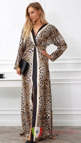 Long satin dress with leopard print - Velikost: 42
