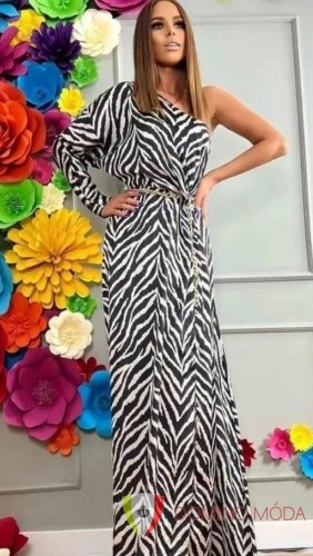 One shoulder long satin dress with zebra pattern