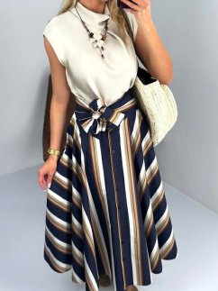 Pruhovaná midi sukňa s gombíkmi a viazaním v páse