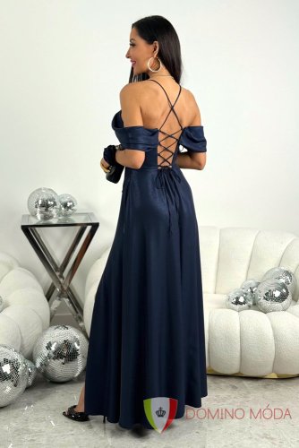 Elegant long dress with exposed shoulders and slit SILLA - Barva: Dark blue, Velikost: 40