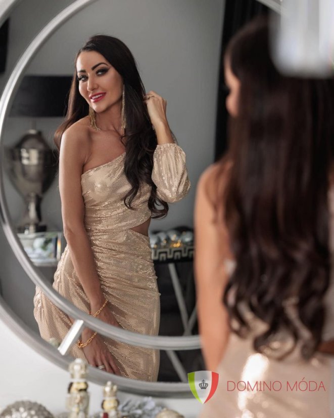 Long shiny dress on one shoulder - 6 colors - Barva: gold, Velikost: 34